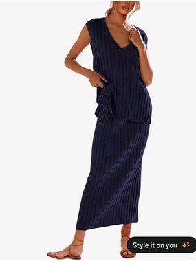 Sleeveless Navy Ribbed Knit Skirt Set